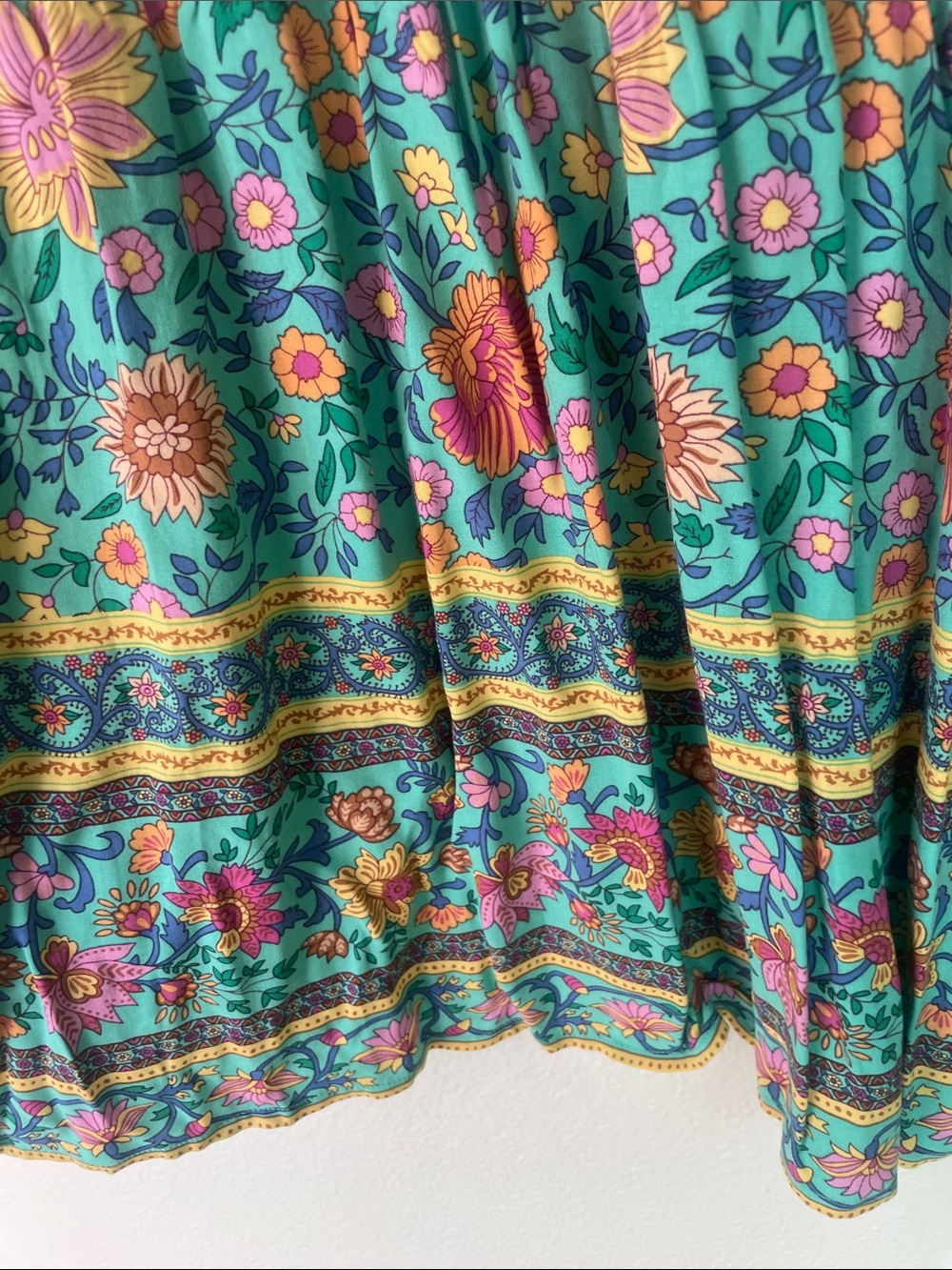 SPELL, folk town maxi skirt, UT Drop. Floral Teal Boho Maxi Skirt - Picture 4 of 10